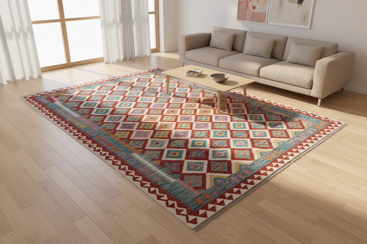 Afghan Kilim Rug 186 × 302 cm – Handwoven Wool Carpet | Colorful Tribal Geometric Flat-Weave | Boho Home Decor | 6.10 × 9.9 ft