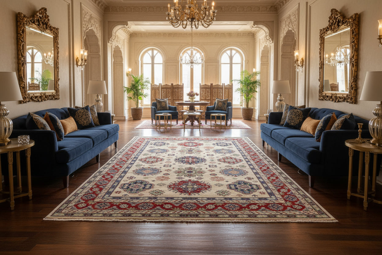 Luxury 6.5x10.1 ft Kazak Rug | Handknotted Afghan Wool Carpet | Woven Prestige