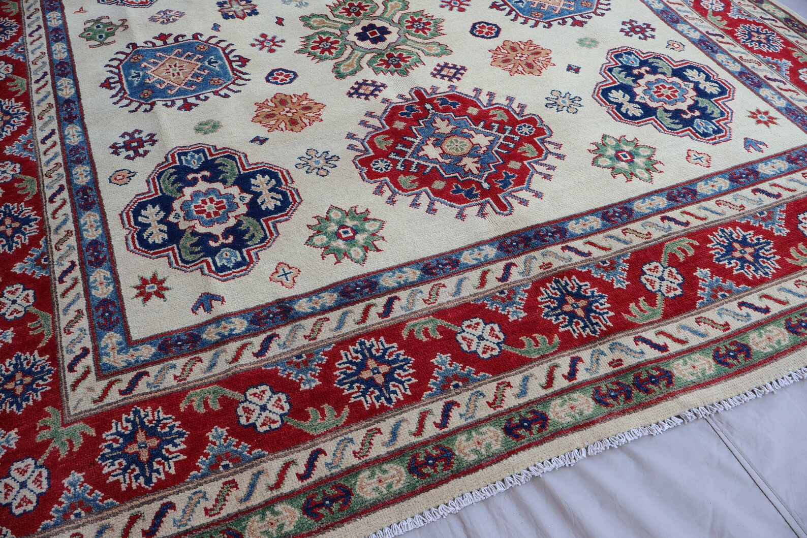 Luxury 6.5x10.1 ft Kazak Rug | Handknotted Afghan Wool Carpet | Woven Prestige