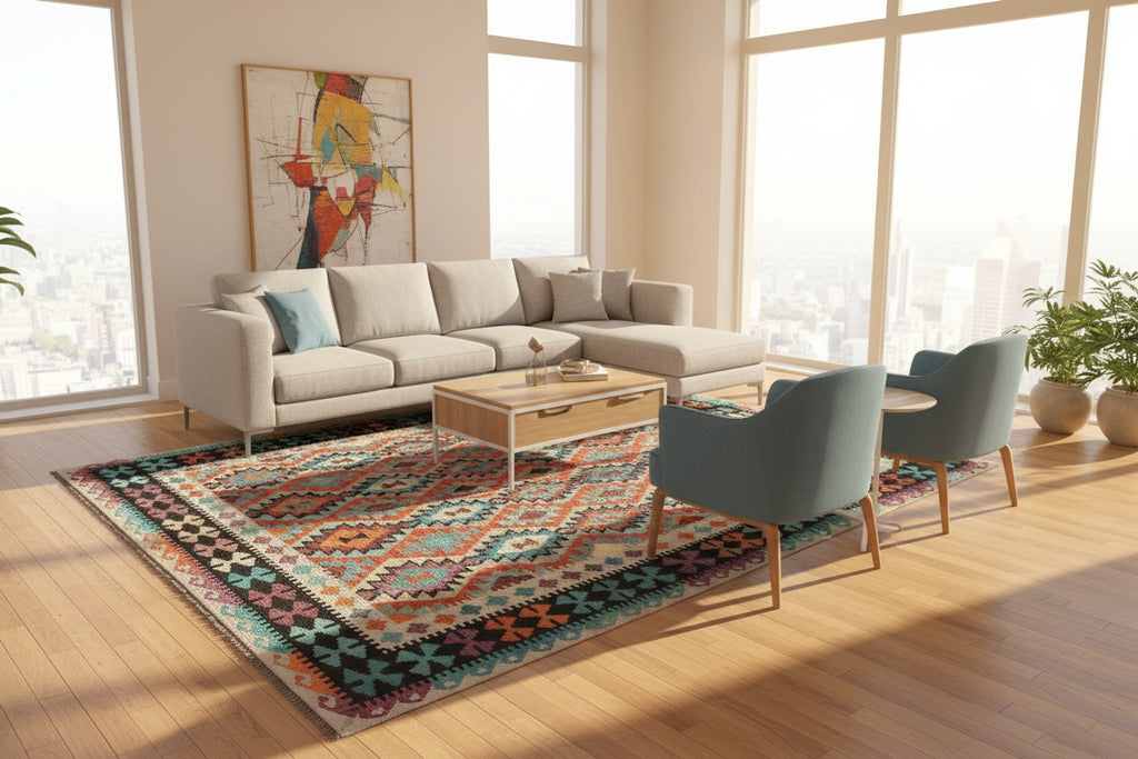Large Handwoven Afghan Kilim Rug 6.8×10 ft | Wool Tribal Boho Carpet | Worldwide Shipping