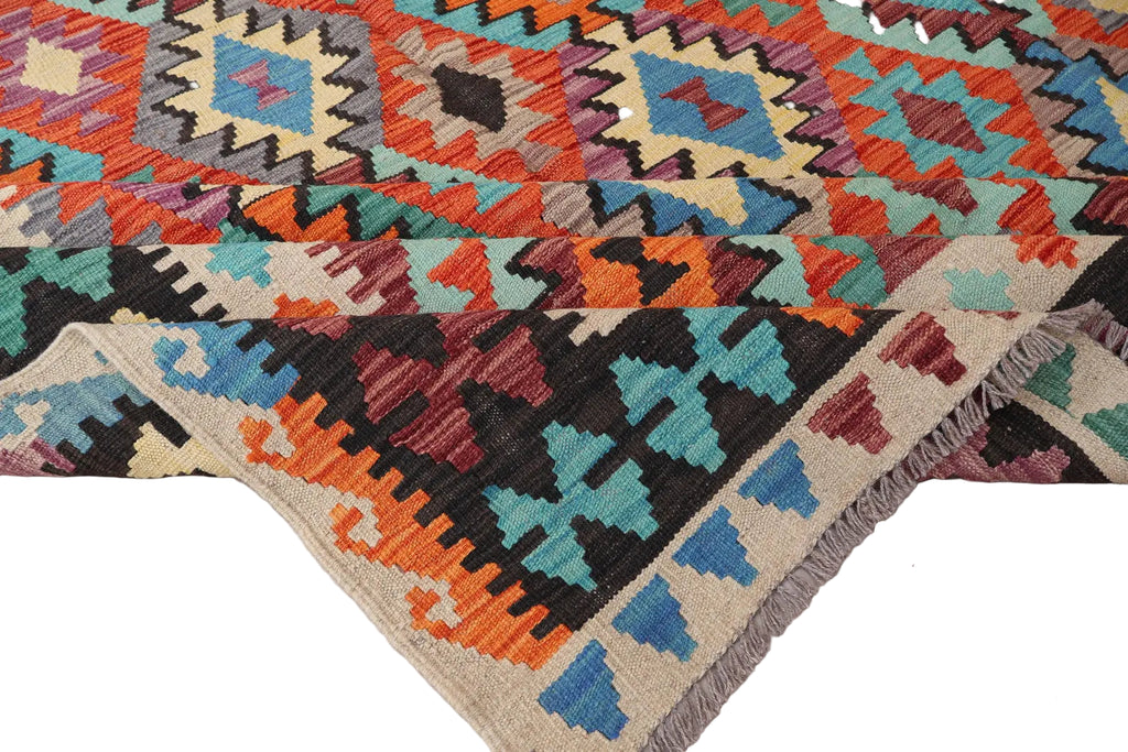Large Handwoven Afghan Kilim Rug 6.8×10 ft | Wool Tribal Boho Carpet | Worldwide Shipping