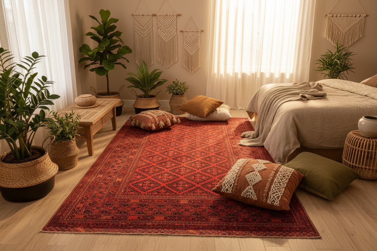 Large Red Tribal Area Rug 6.7 × 10.0 ft (205 × 305 cm) – Geometric Vintage Wool Carpet | Living Room Rug