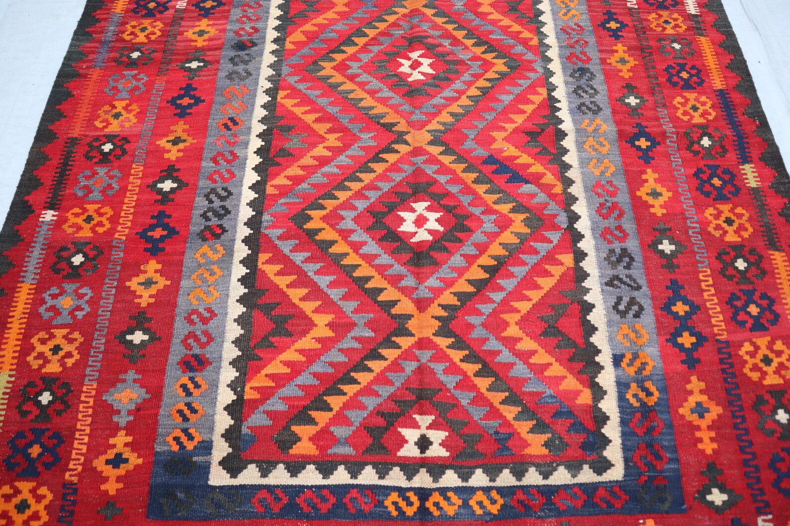 Afghan Maimana Kilim Rug 5.4 × 7.6 ft (165 × 232 cm) – Handmade Wool Flatweave | Tribal Geometric Area Carpet