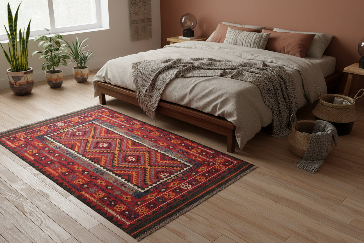 Afghan Maimana Kilim Rug 5.4 × 7.6 ft (165 × 232 cm) – Handmade Wool Flatweave | Tribal Geometric Area Carpet