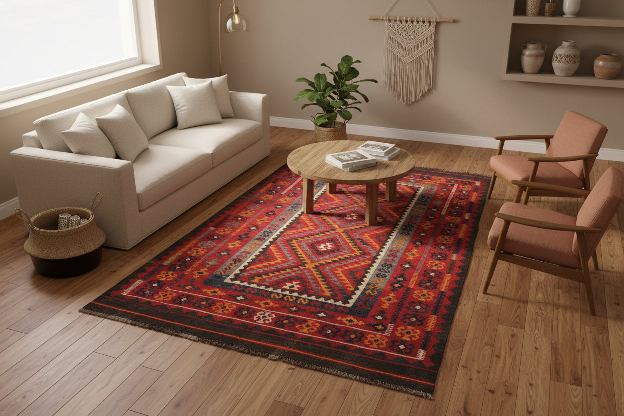 Afghan Maimana Kilim Rug 5.4 × 7.6 ft (165 × 232 cm) – Handmade Wool Flatweave | Tribal Geometric Area Carpet