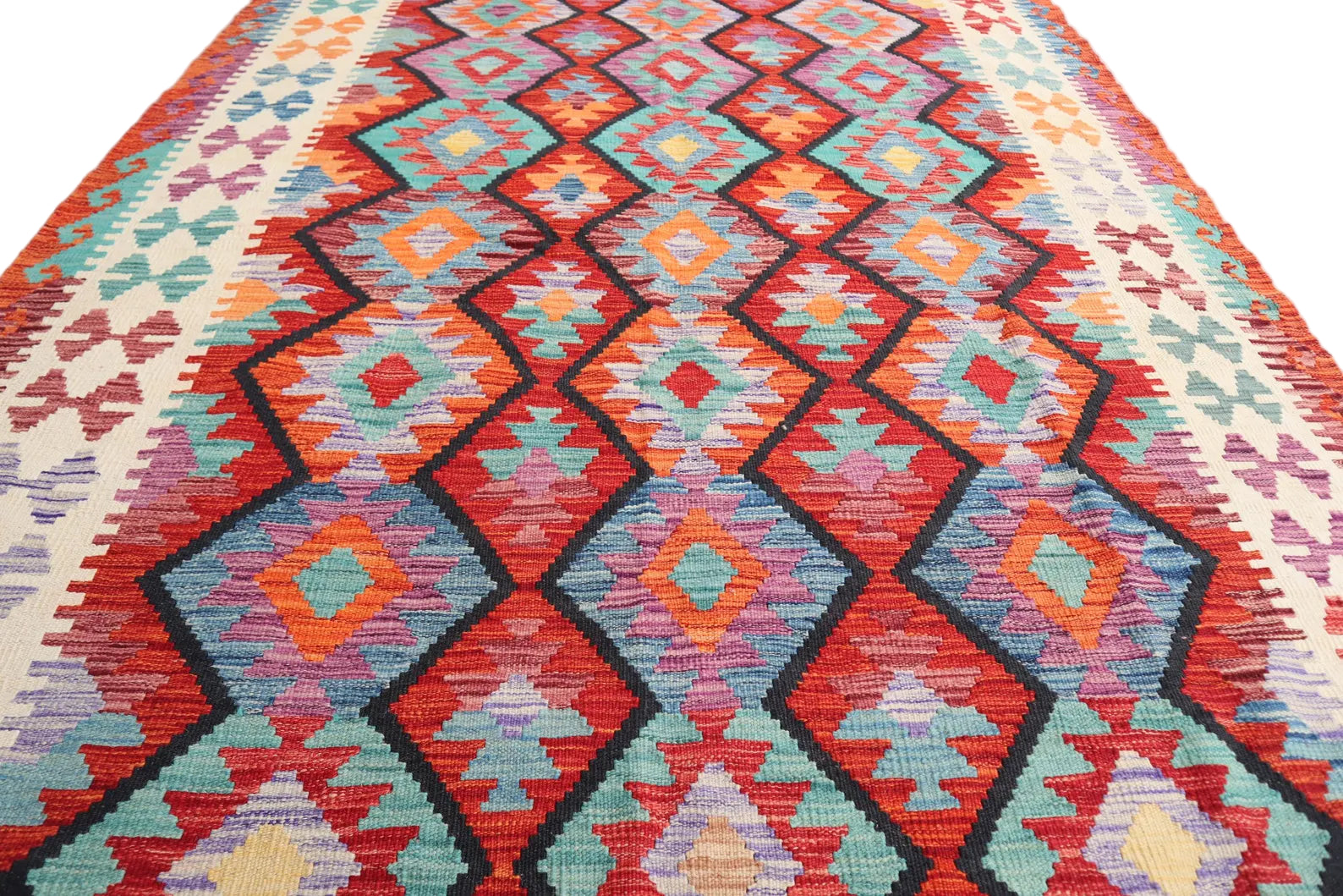 Handwoven Afghan Kilim Rug 175 × 262 cm – 5’8 × 8’8 | Boho Tribal Flatweave | Multicolour Geometric Design