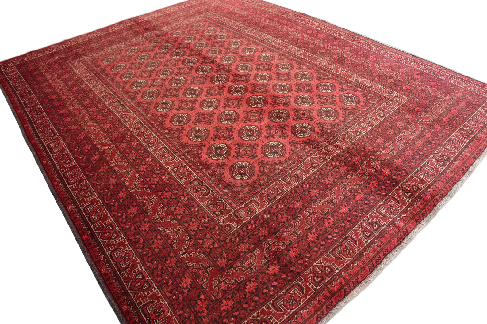 Afghan Red Turkman Rug 210 × 256 cm – Handwoven Wool Carpet | Traditional Tribal Gul Design | 6.9 × 8.4 ft
