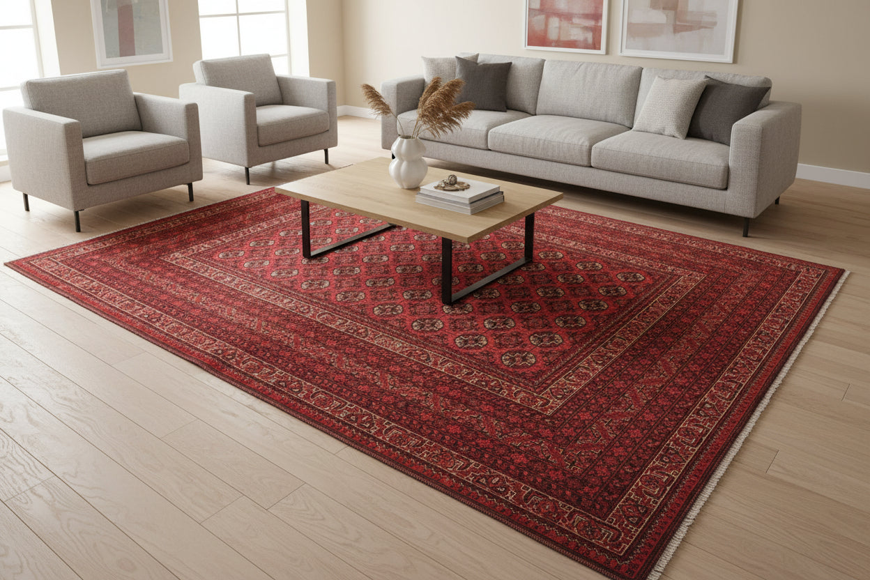 Afghan Red Turkman Rug 210 × 256 cm – Handwoven Wool Carpet | Traditional Tribal Gul Design | 6.9 × 8.4 ft