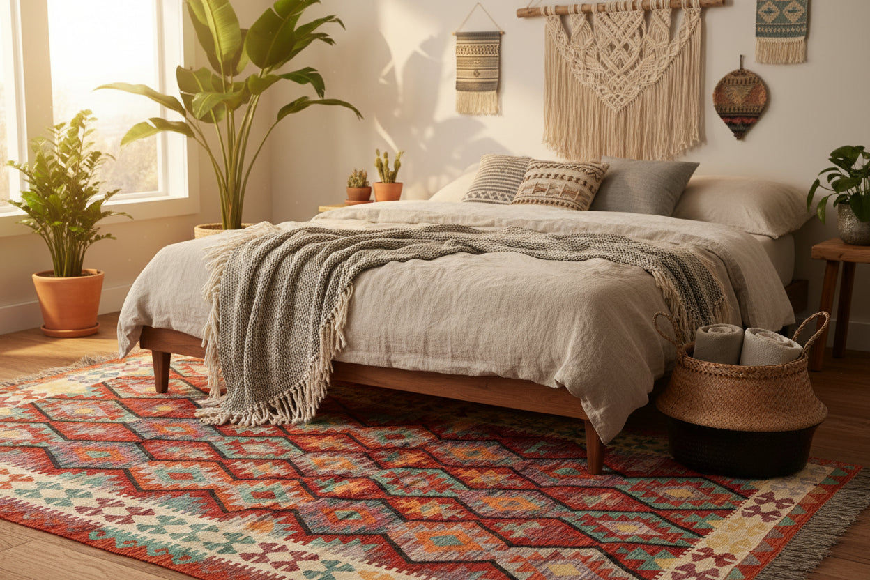 Handwoven Afghan Kilim Rug 175 × 262 cm – 5’8 × 8’8 | Boho Tribal Flatweave | Multicolour Geometric Design