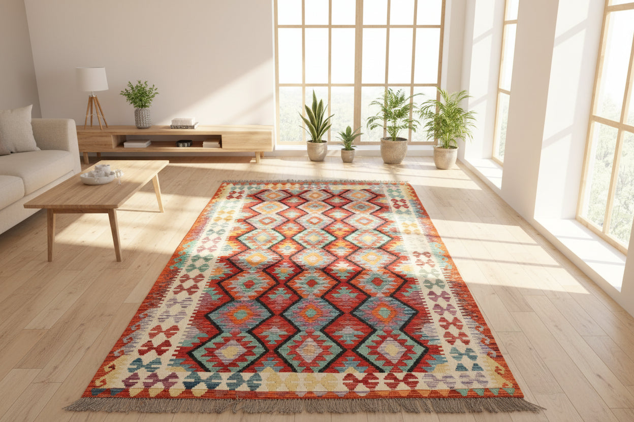 Handwoven Afghan Kilim Rug 175 × 262 cm – 5’8 × 8’8 | Boho Tribal Flatweave | Multicolour Geometric Design