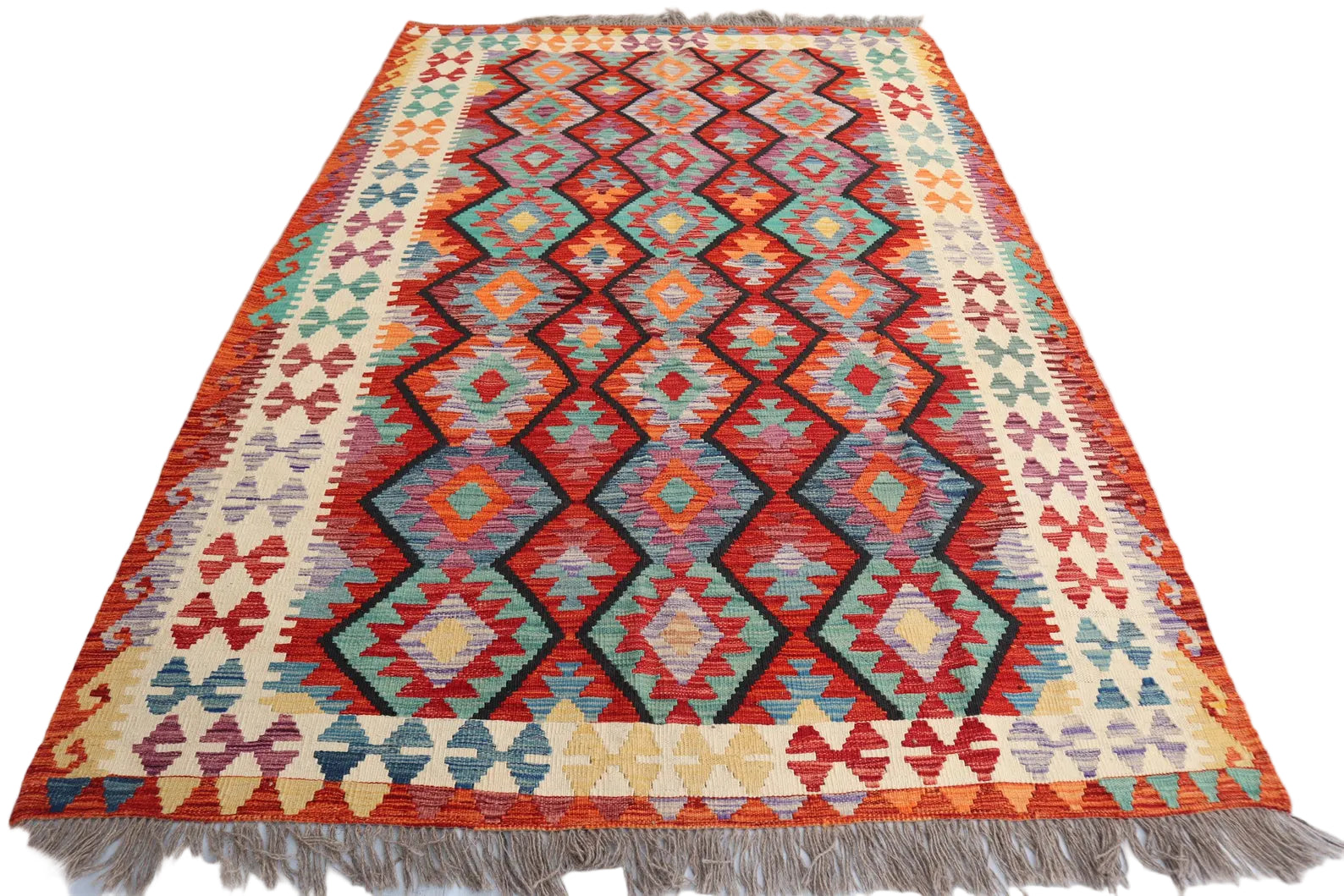 Handwoven Afghan Kilim Rug 175 × 262 cm – 5’8 × 8’8 | Boho Tribal Flatweave | Multicolour Geometric Design