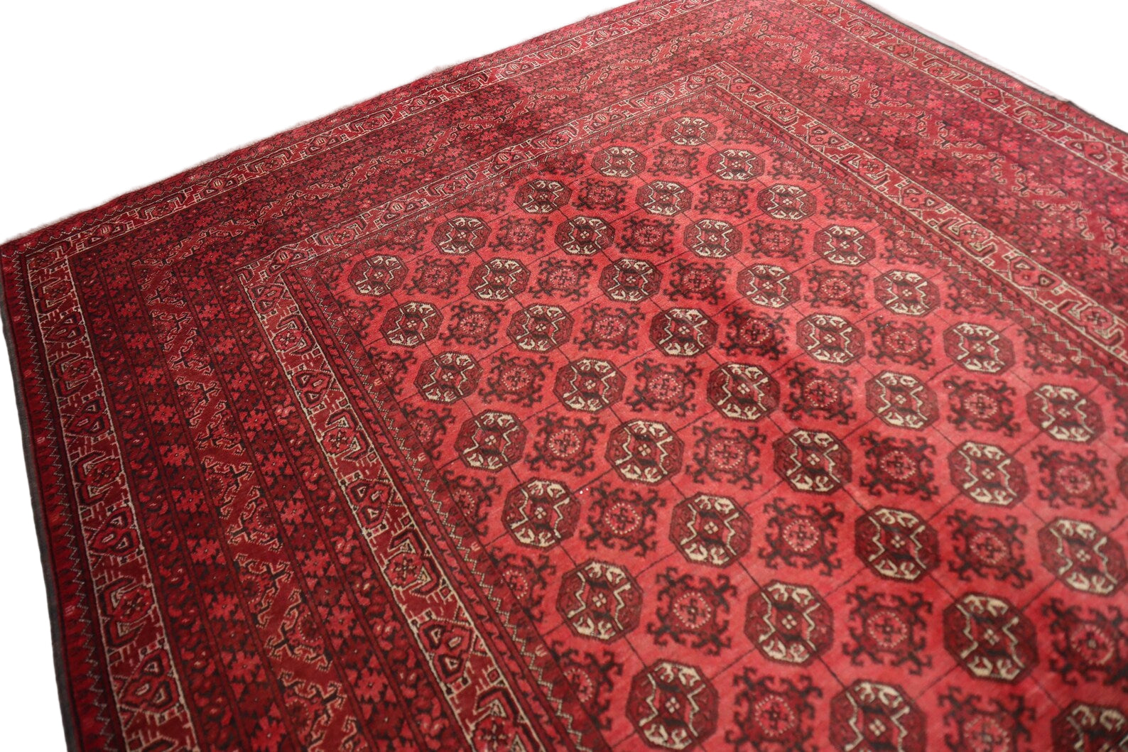 Afghan Red Turkman Rug 210 × 256 cm – Handwoven Wool Carpet | Traditional Tribal Gul Design | 6.9 × 8.4 ft