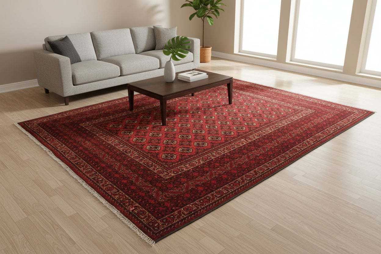 Afghan Red Turkman Rug 210 × 256 cm – Handwoven Wool Carpet | Traditional Tribal Gul Design | 6.9 × 8.4 ft