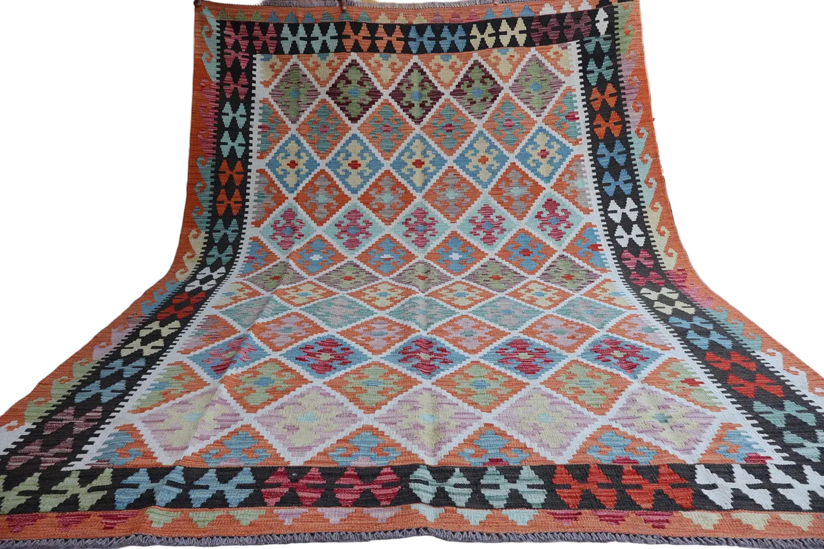 Colourful Afghan Kilim Rug – Pastel Geometric Flatweave Carpet | Bohemian Tribal Area Rug | 207 x 294 cm