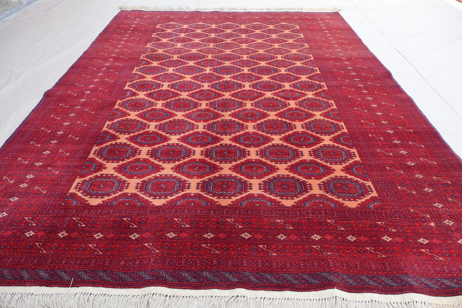 Afghan Bokhara Rug 204 × 300 cm – Handwoven Wool Carpet | Classic Red & Ivory Geometric Design | 6.7 × 9.8 ft