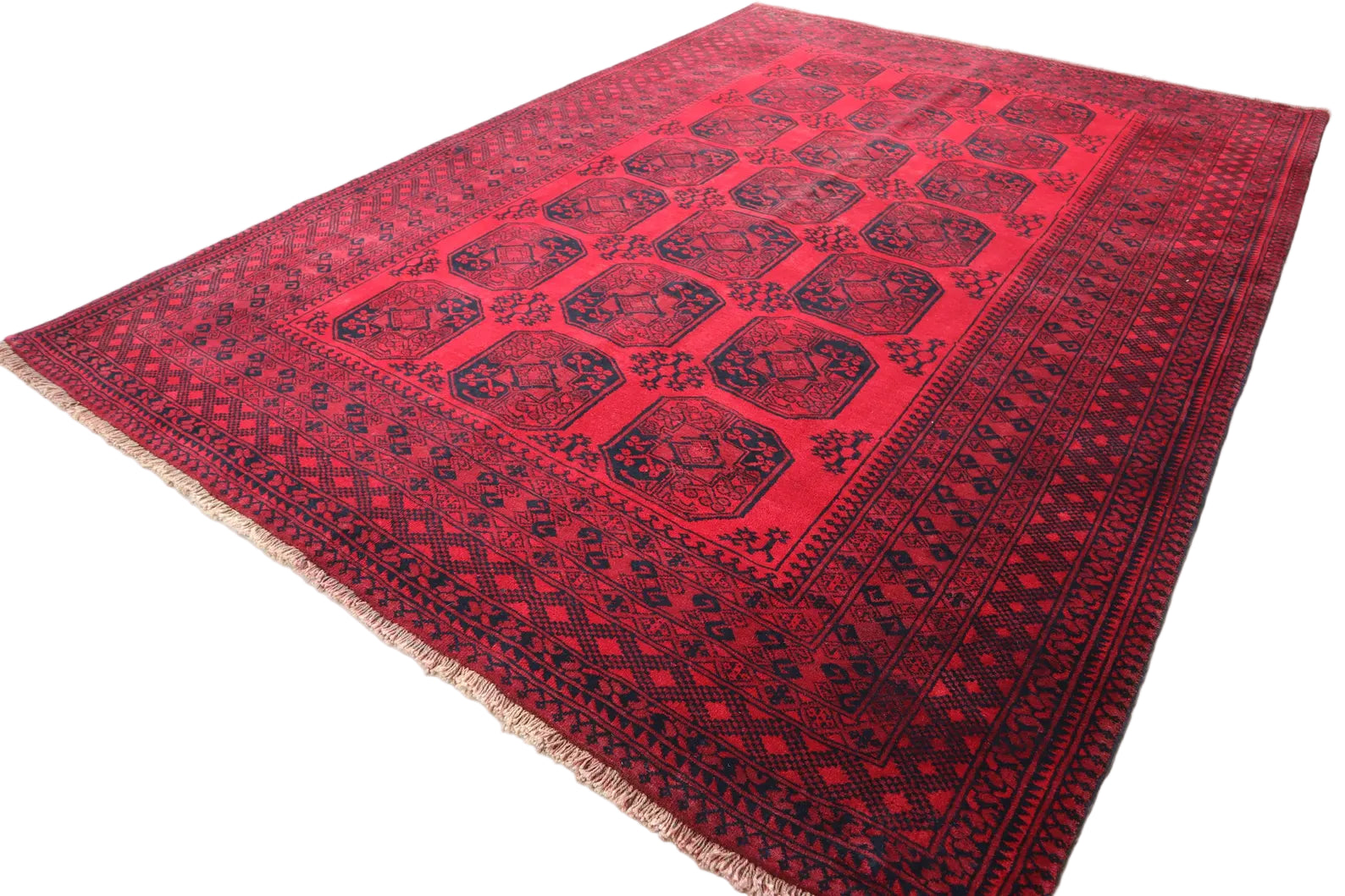 Afghan Red Tekke Rug 198 × 280 cm – Handwoven Wool Carpet | Deep Crimson Elephant Foot Design | 6.5 × 9.2 ft