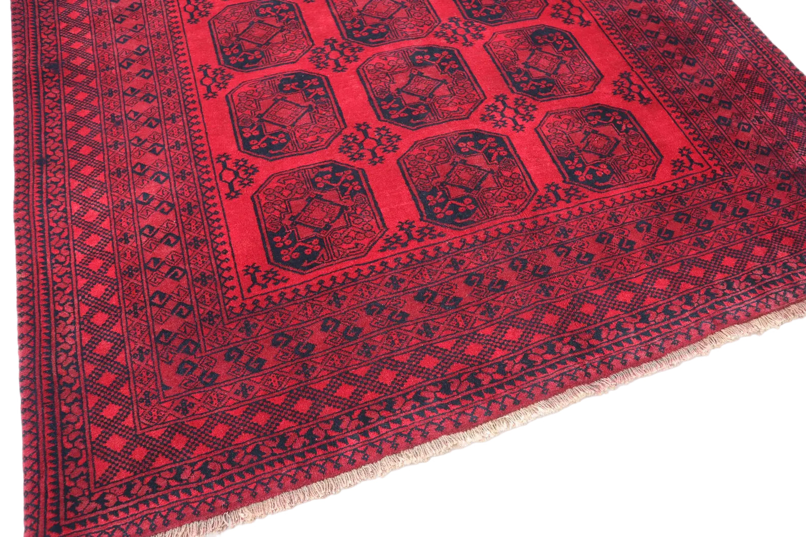 Afghan Red Tekke Rug 198 × 280 cm – Handwoven Wool Carpet | Deep Crimson Elephant Foot Design | 6.5 × 9.2 ft