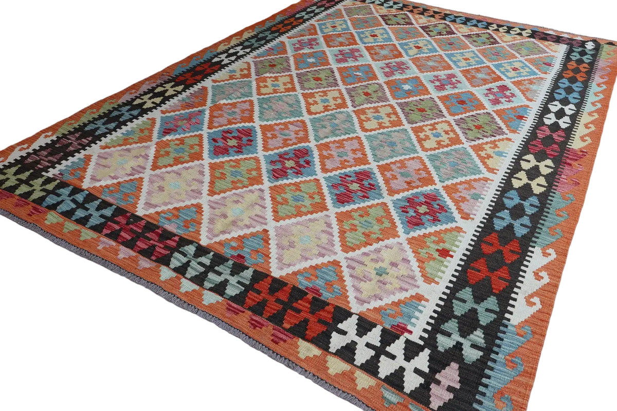 Colourful Afghan Kilim Rug – Pastel Geometric Flatweave Carpet | Bohemian Tribal Area Rug | 207 x 294 cm