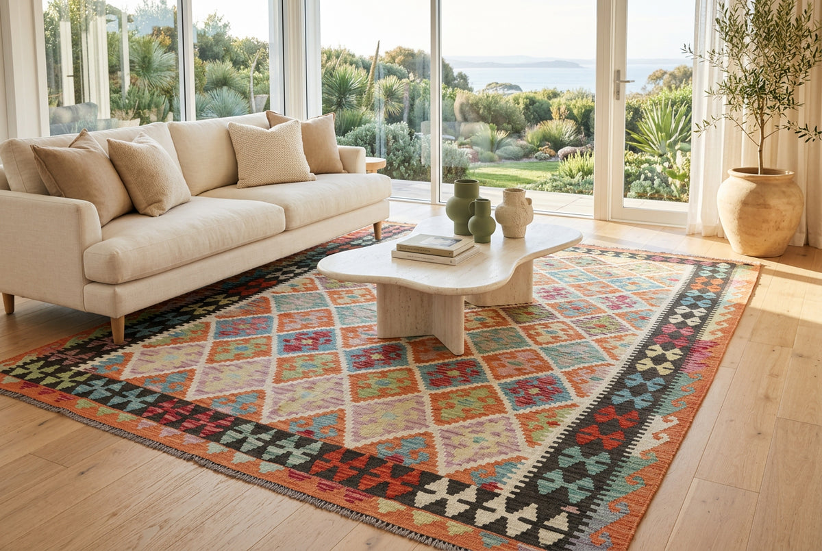 Colourful Afghan Kilim Rug – Pastel Geometric Flatweave Carpet | Bohemian Tribal Area Rug | 207 x 294 cm