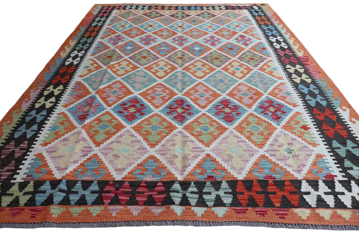 Colourful Afghan Kilim Rug – Pastel Geometric Flatweave Carpet | Bohemian Tribal Area Rug | 207 x 294 cm