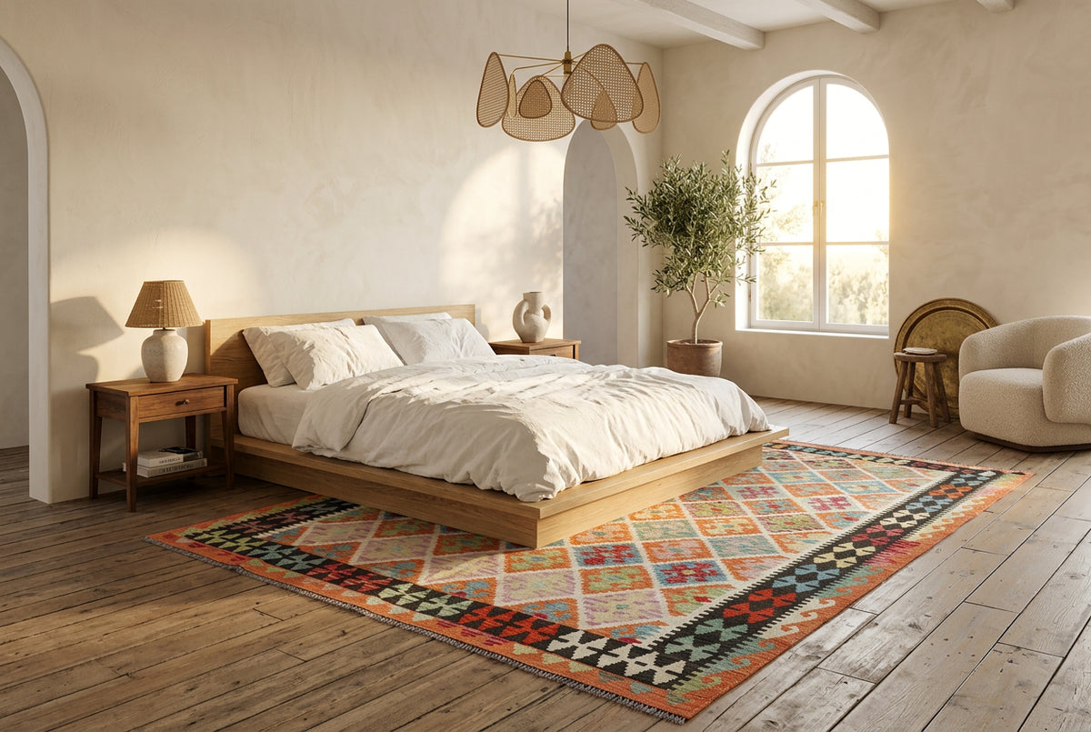 Colourful Afghan Kilim Rug – Pastel Geometric Flatweave Carpet | Bohemian Tribal Area Rug | 207 x 294 cm