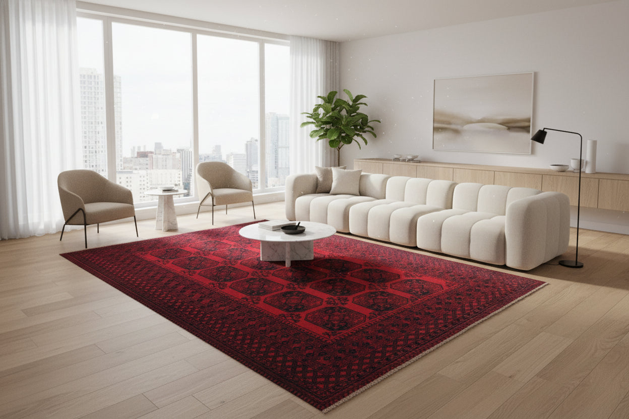 Afghan Red Tekke Rug 198 × 280 cm – Handwoven Wool Carpet | Deep Crimson Elephant Foot Design | 6.5 × 9.2 ft