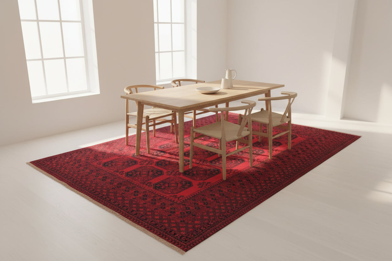 Afghan Red Tekke Rug 198 × 280 cm – Handwoven Wool Carpet | Deep Crimson Elephant Foot Design | 6.5 × 9.2 ft