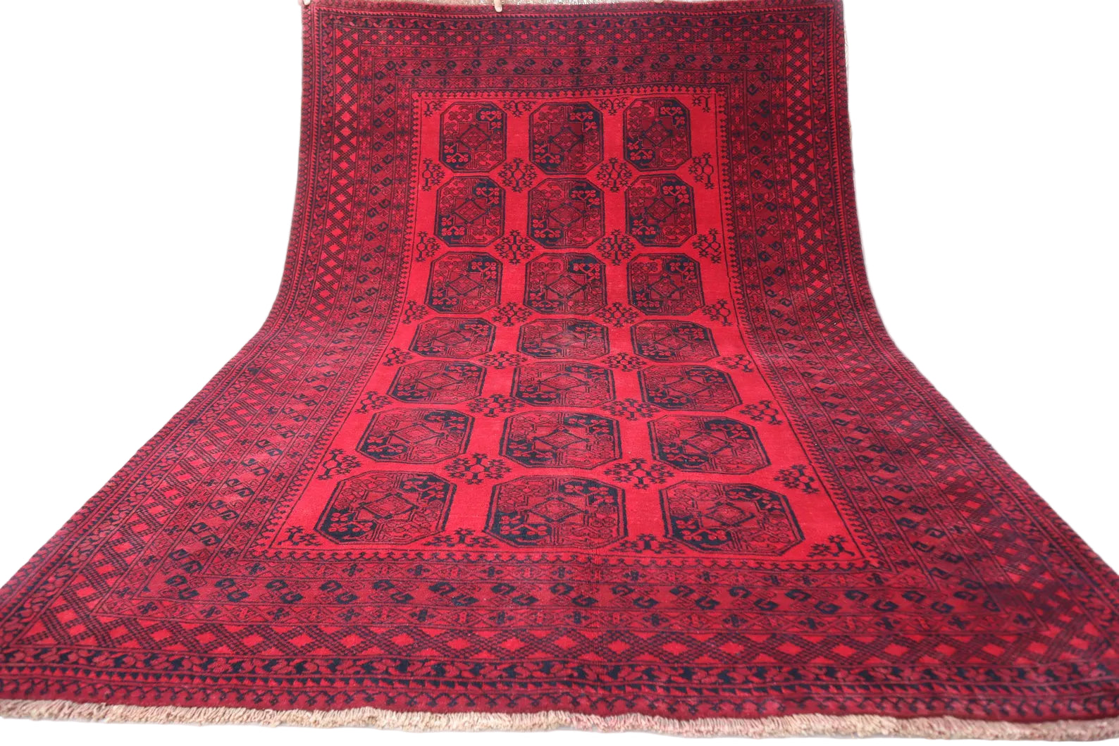 Afghan Red Tekke Rug 198 × 280 cm – Handwoven Wool Carpet | Deep Crimson Elephant Foot Design | 6.5 × 9.2 ft