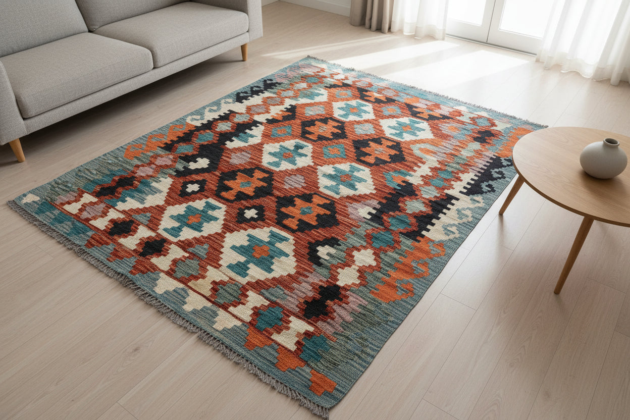 Afghan Kilim Rug 128 × 177 cm – Handwoven Wool Carpet | Tribal Geometric Flat-Weave | Boho Home Decor | 4.2 × 5.8 ft