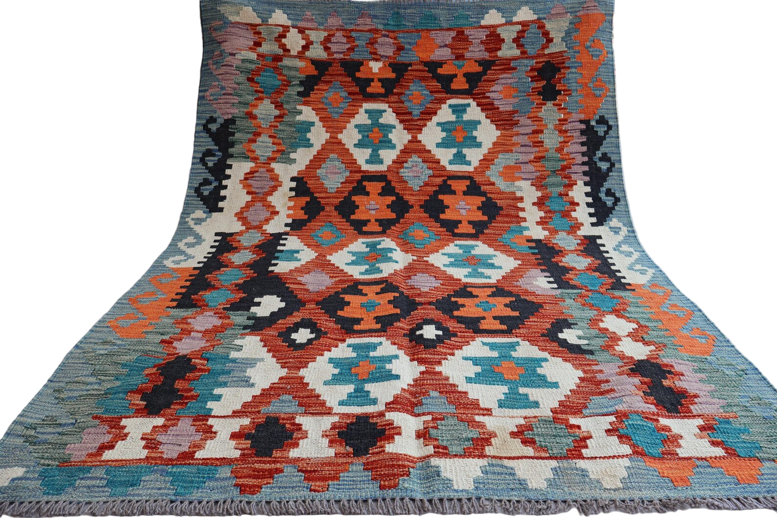 Afghan Kilim Rug 128 × 177 cm – Handwoven Wool Carpet | Tribal Geometric Flat-Weave | Boho Home Decor | 4.2 × 5.8 ft
