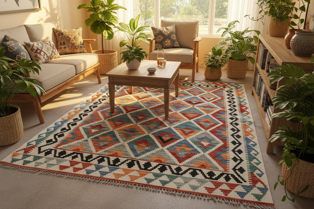 Colorful Handwoven Afghan Kilim Rug 125x189 cm | New Wool Tribal Carpet