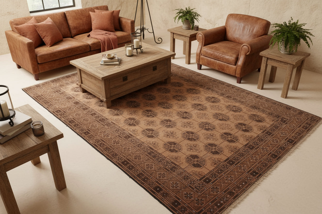 Heritage Vintage 6.9x10.2 ft Afghan Bokhara Rug | Brown Handknotted Wool Carpet