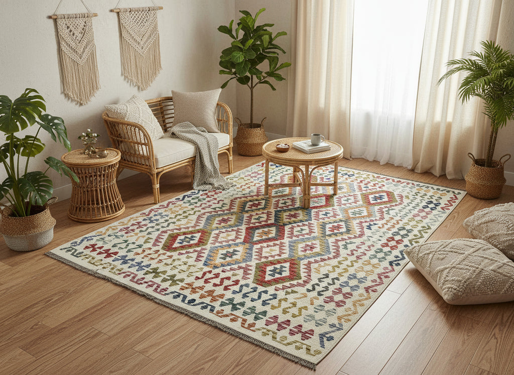 Multicolored geometric patterned rug on a textured floor