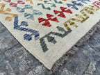 Handmade Afghan Kilim Rug – 210x299 cm | Ivory Base Multicolor Diamond Wool Carpet
