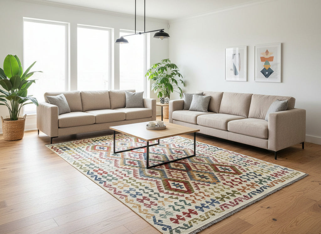 Handmade Afghan Kilim Rug – 210x299 cm | Ivory Base Multicolor Diamond Wool Carpet