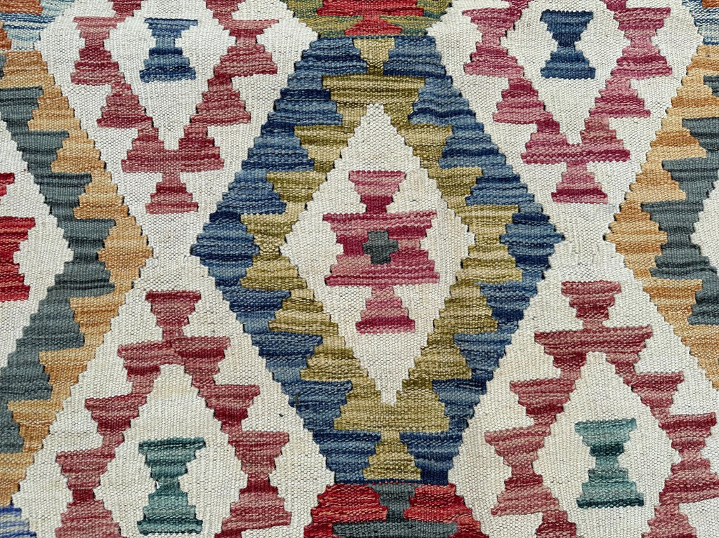Handmade Afghan Kilim Rug – 210x299 cm | Ivory Base Multicolor Diamond Wool Carpet