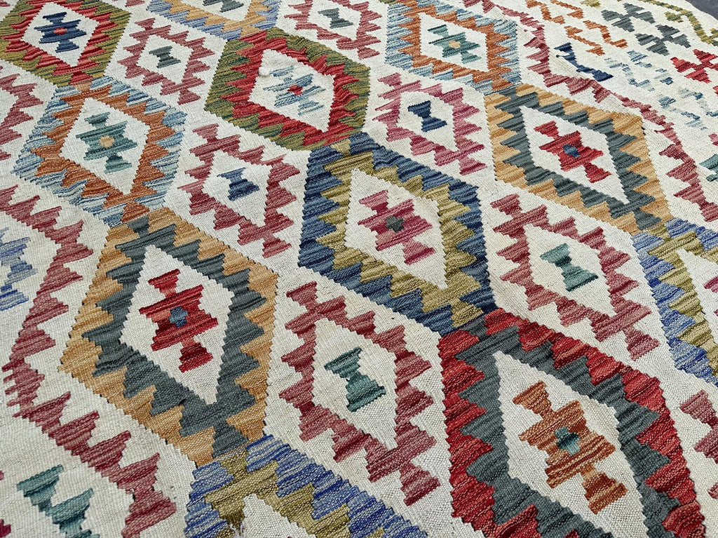 Handmade Afghan Kilim Rug – 210x299 cm | Ivory Base Multicolor Diamond Wool Carpet