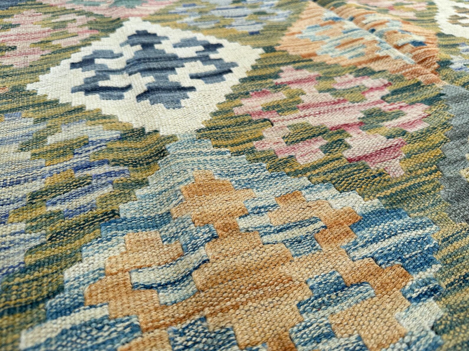 Handmade Afghan Kilim Rug – 220x317 cm | Red Border Pastel Diamond Wool Carpet