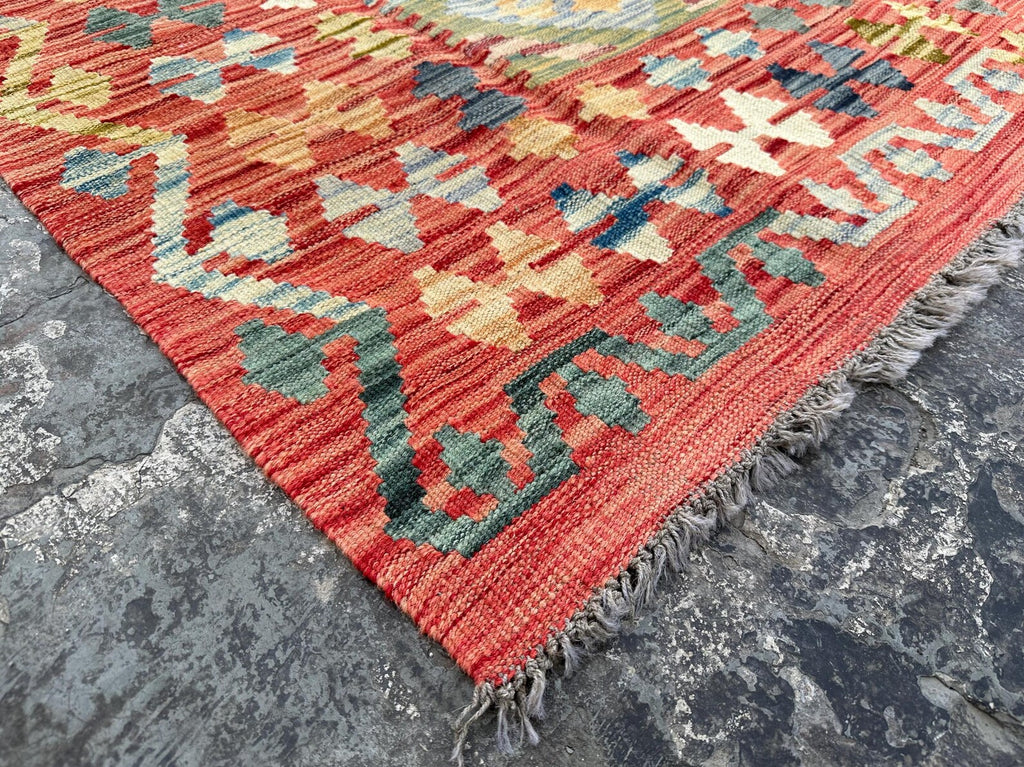 Handmade Afghan Kilim Rug – 220x317 cm | Red Border Pastel Diamond Wool Carpet