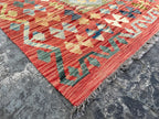 Handmade Afghan Kilim Rug – 220x317 cm | Red Border Pastel Diamond Wool Carpet
