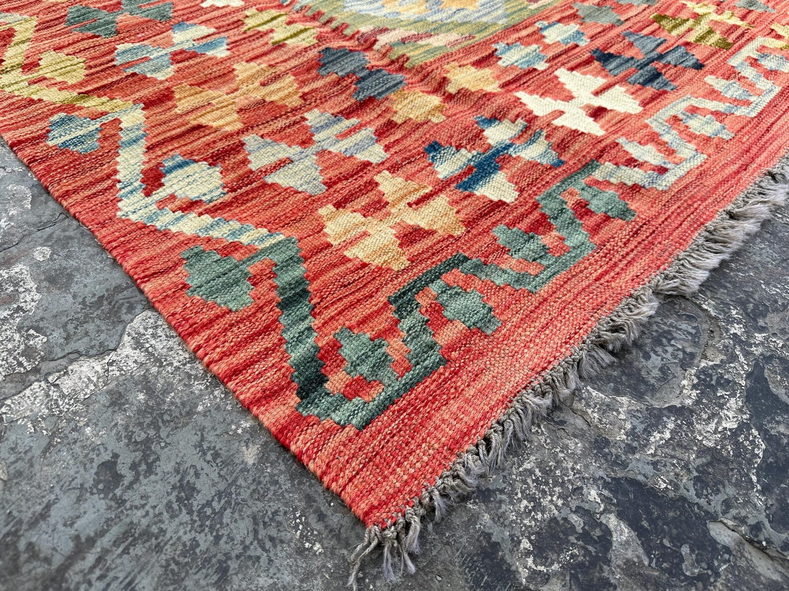 Handmade Afghan Kilim Rug – 220x317 cm | Red Border Pastel Diamond Wool Carpet