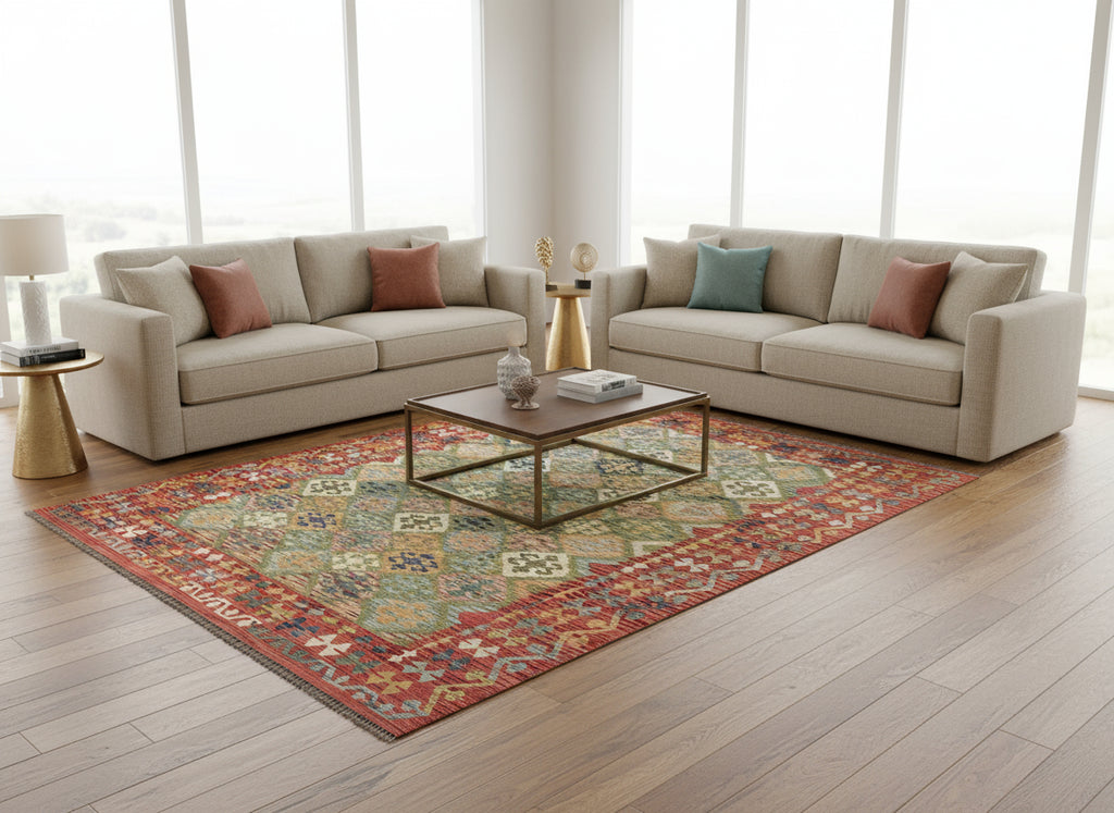 Handmade Afghan Kilim Rug – 220x317 cm | Red Border Pastel Diamond Wool Carpet