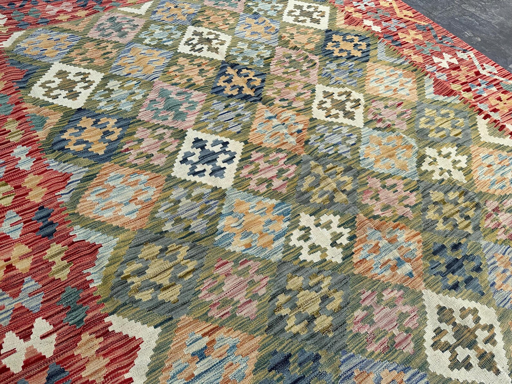 Handmade Afghan Kilim Rug – 220x317 cm | Red Border Pastel Diamond Wool Carpet