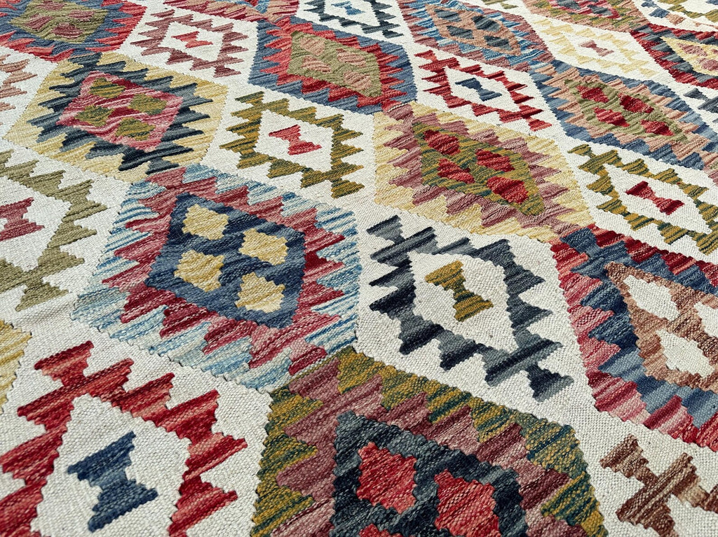 Handmade Afghan Kilim Rug – 262x344 cm | Ivory Base Multicolor Tribal Wool Carpet