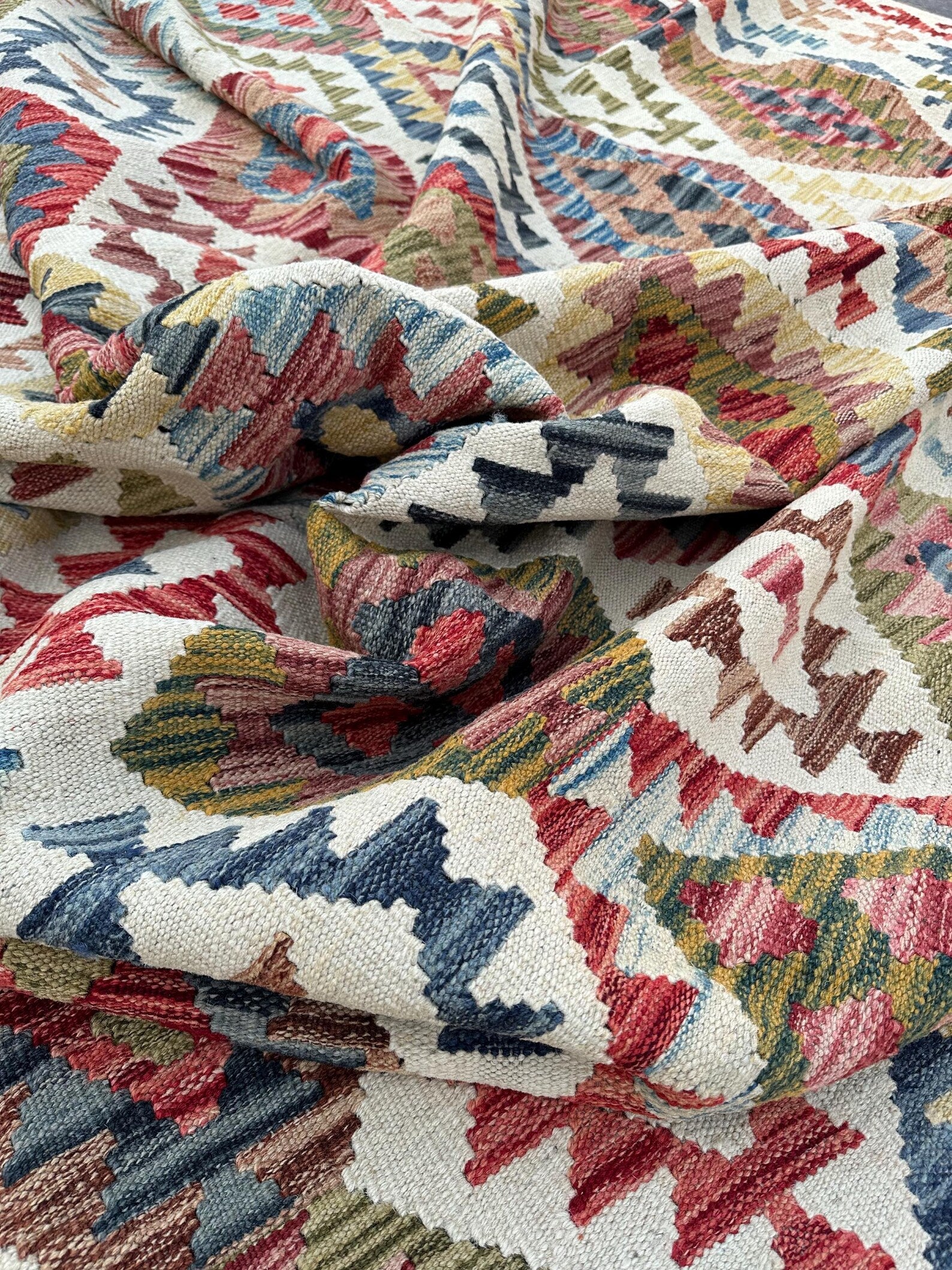 Handmade Afghan Kilim Rug – 262x344 cm | Ivory Base Multicolor Tribal Wool Carpet