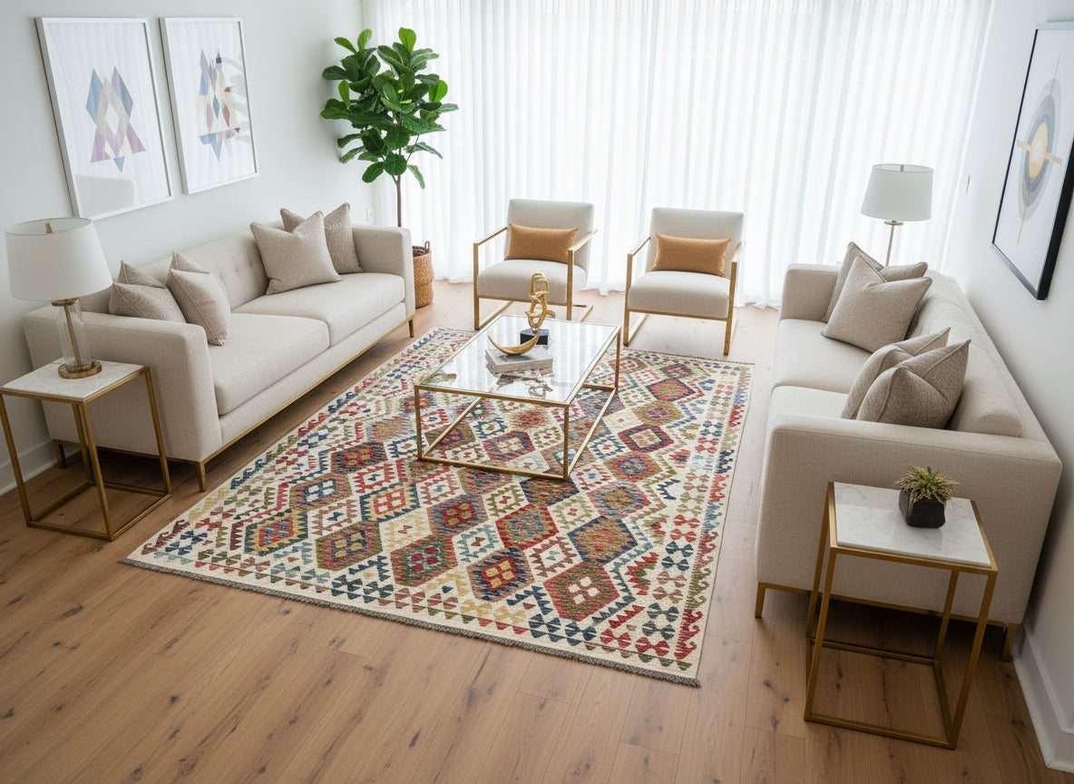 Handmade Afghan Kilim Rug – 262x344 cm | Ivory Base Multicolor Tribal Wool Carpet