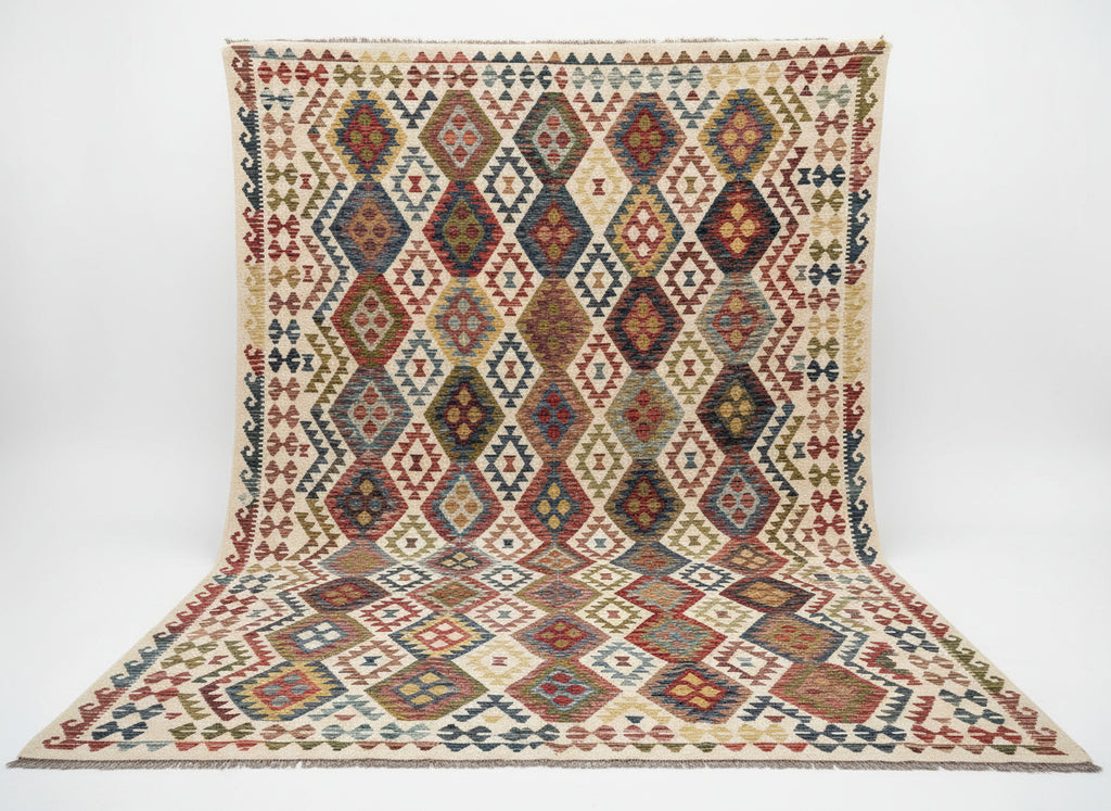 Handmade Afghan Kilim Rug – 262x344 cm | Ivory Base Multicolor Tribal Wool Carpet