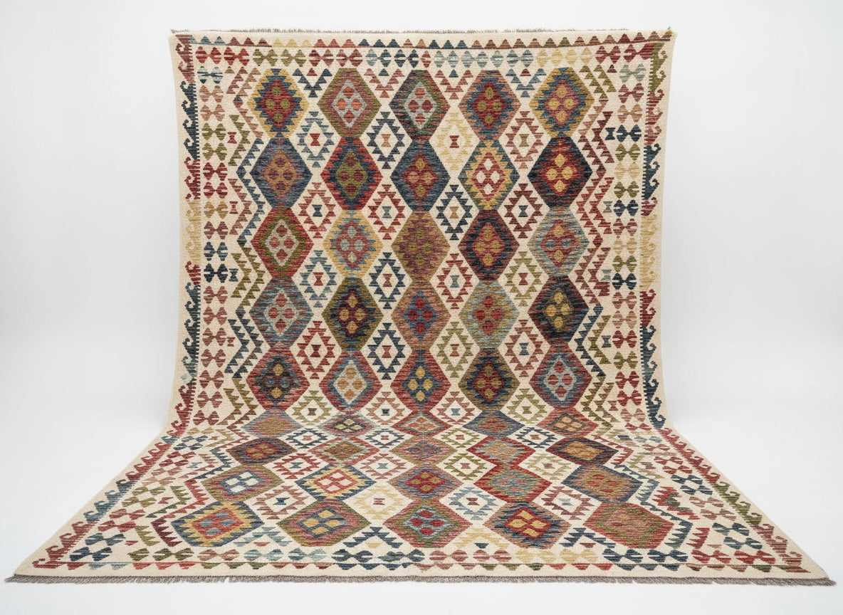 Handmade Afghan Kilim Rug – 262x344 cm | Ivory Base Multicolor Tribal Wool Carpet