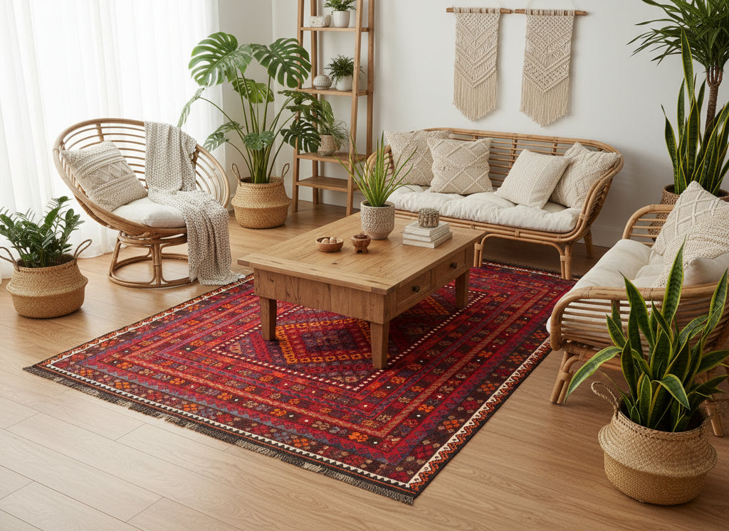 Handmade Afghan Kilim Rug – 205x280 cm | Deep Red Tribal Wool Carpet