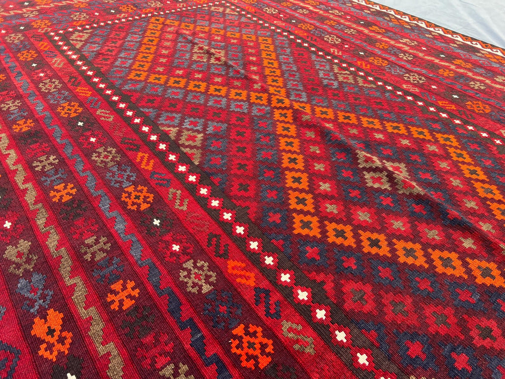 Handmade Afghan Kilim Rug – 205x280 cm | Deep Red Tribal Wool Carpet